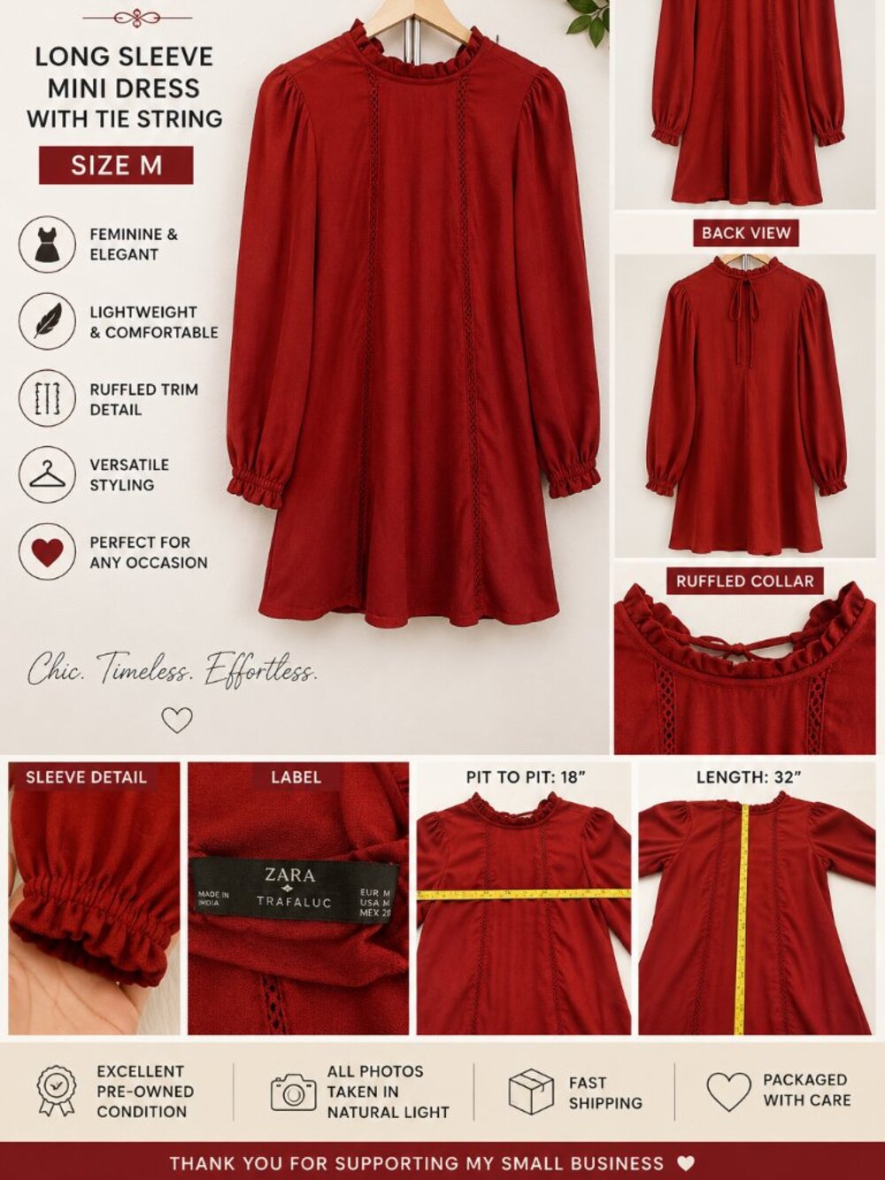 ZARA Trafaluc Red Long Sleeve Mini Dress Size Medium - Picture 6 of 7